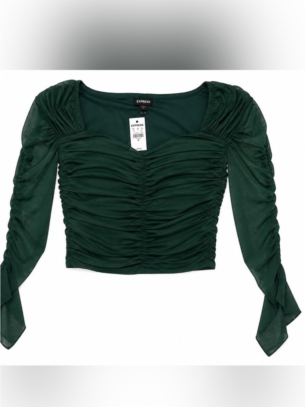 Express Dark Green Ruched Square Neck Long Sleeve Top